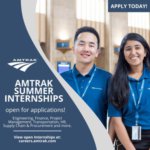 Informational graphic to promote summer internships at Amtrak. The graphic has two young people smiling while wearing work polos and a badge.