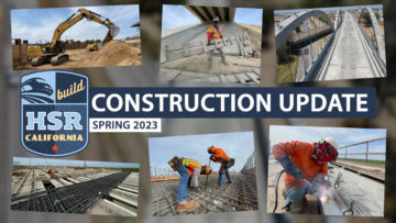 Photos of workers on construction sites with words reading Construction Update Spring 2023