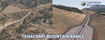 Two conceptual renderings of the high-speed rail going through the Tehachapi range. One displays the Tehachapi range from an overhead view and the other displays the high-speed rail train going through the mountain. Above the renderings, displays the words “Tehachapi Mountain Range” in with the California High-Speed Rail logo.