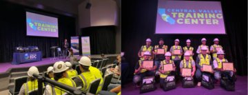 Two photos, one on the left has a group of students in construction safety vests and hardhats sitting looking at a stage with a podium, two pop-up banners and a large screen that reads Central Valley Training Center. Photo to the right is the same 11 graduates smiling holding certificates on stage with the Training Center sign behind them.