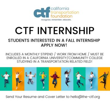 Advertising flyer for a California Transportation Foundation internship. The ad has 9 different students jumping and looking very happy and excited. The ad has details on how to apply. To apply for this position, send your resume and cover letter to hello@the-ctf.org. Interns receive a monthly stipend, work fully remote and must be studying a transportation related field.
