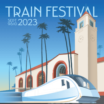 An artistic rendition of Los Angeles Union Station with a train in front of it. The building's design is based on Spanish Mission architecture. The train looks sleek and futuristic. Palm trees surround the station. At the top, the art reads 