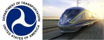 Logo of the U.S. Department of Transportation next to a photo of the California high-speed rail train rendering. 