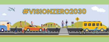 Graphic for a competition with the text #Visionzero2030. The graphic has illustrations of cars, buses, pedestrians and bicyclists. 