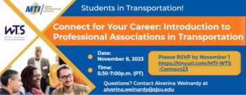 Infographic for the Professional Associations event. The graphic includes Women’s Transportation Seminar and Mineta Transportation Institute logos, three people talking and all the details for the event. 