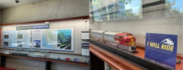 Two photos of a large 16-foot display with information about rail history in California and California high-speed rail. 