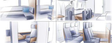 Four sketch images of train interiors. 