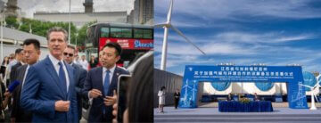 Two photos on a graphic. Governor Gavin Newsom stands in front of large public transit buses talking to a another individual. The second photo is on a stage with two individuals writing a form with wind turbines on the stage. 