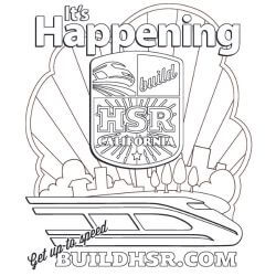 Coloring page with a high-speed rail train, a BuildHSR logo and text that reads get up to speed BUILDHSR.com. 