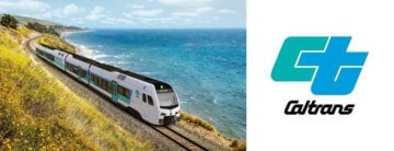 The logo of the California Department of Transportation and s hydrogen train on a track along a coastline with ocean in the background.   Picture credit: Caltrans 