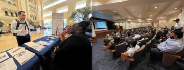 Two photos side by side in a graphic. The first photo is an individual talking to someone at an outreach table. The second photo is small auditorium filled with people watching a presentation attentively. 