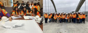 Students working on an interactive activity designing the interior of a high-speed rail train and another picture with students in a group standing on a high-speed rail viaduct structure.  Internships, Jobs and Scholarships 