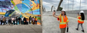 Two images of past student events. Photo on the left is a group of students standing in front of a high-speed rail mural and photo on the right is a woman taking a selfie while on a construction site.