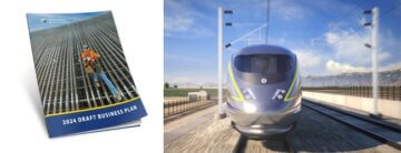 Two images side by side. One with the cover of the Draft 2024 Business Plan with a construction worker tying rebar and the other image is a high-speed rail train traveling in the daytime. 