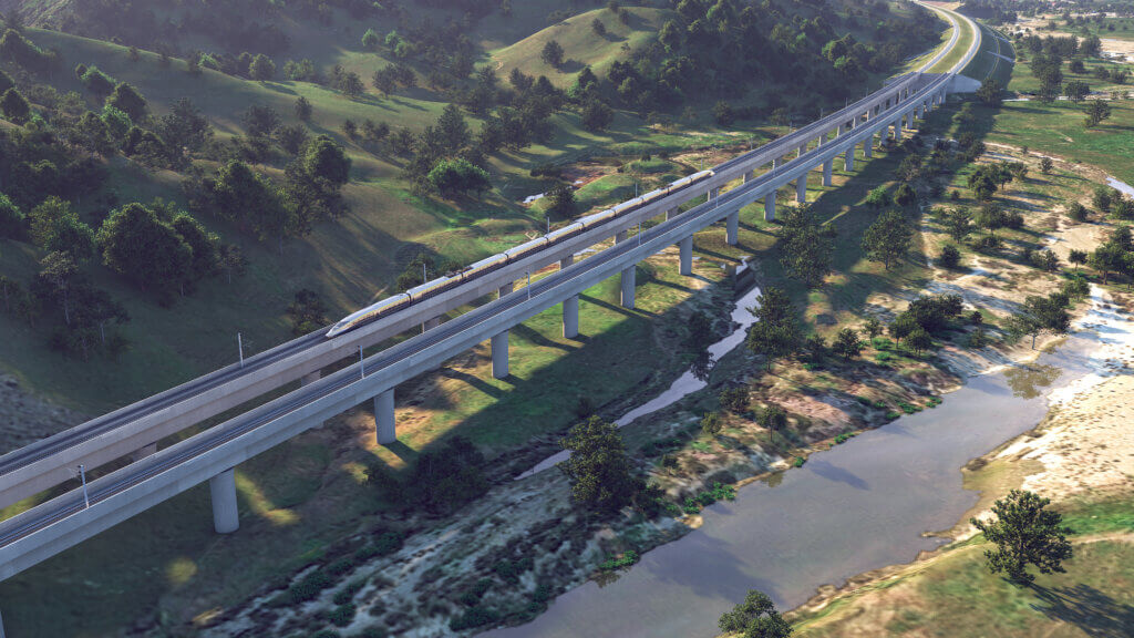 Still graphic rendering of a high-speed rail train on a viaduct structure crossing in the Pacheco Pass. Click the image for more detail.