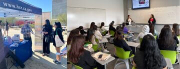 Two images side-by-side. One image is a person tabling for an organization and talking to students. The other image is two women providing a presentation to a group of students. 
