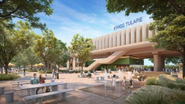 A rendering of what the Kings-Tulare station could look like in the afternoon, with scatter people about.