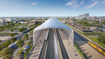 A rendering of the the possible Fresno station canopy with trains pulling in and out of the station