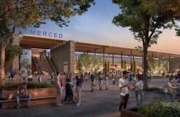 A rendering of what the Merced station could look like from out side with people around.
