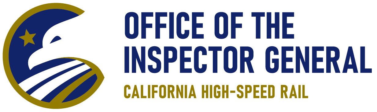 Graphic logo that reads" Office of the Inspector General California High-Speed Rail Authority." The logo shows an eagle looking over a graphic representation of tracks with a star. The graphic is dark blue, gold, and white.