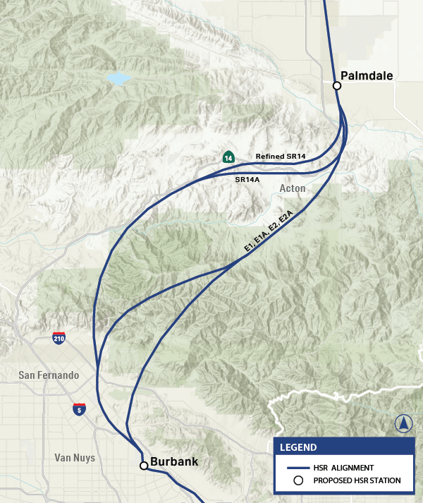 Map showing Palmdale to Burbank proposed alignments