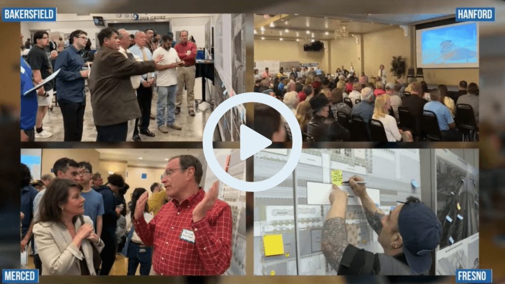 Screenshot of the video with four inset images each of a different meeting in Fresno, Hanford, Merced, and Bakersfield. A play button is overlaid on top.