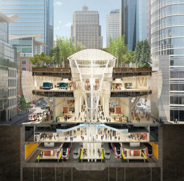 Cross-section rendering of the planned interior and amenities of the Salesforce Transit Center, including multiple levels of transit accessibility, like buses, Caltrain, and California High-Speed Rail.