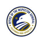 Circle seal of the Office of the Insepctor General California High-Speed Rail. The image is gold, blue, and white and depicts an eagle overlooking rail tracks.