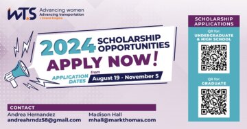 Flyer with QR codes and text that reads 2024 scholarship opportunities apply now application dates from August 19 to November 5. Contact information on the flyer is Andrea Hernandez andreahrndz58@gmail.com and Madison Hall mhall@markthomas.com. Flyer also has a WTS Inland Empire logo. 