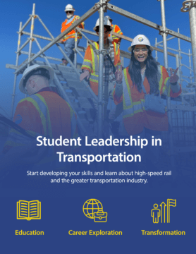 Picture of a students in safety vests, safety glasses, and hard hats climbing down from scaffolding onto a structure. There is a blue gradient at the bottom of the page and text. The text reads 