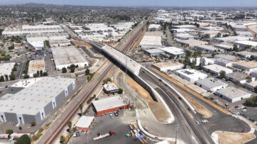 Drone shot of the new grade separation at the intersection of Rosecrans and Marquardt avenues.