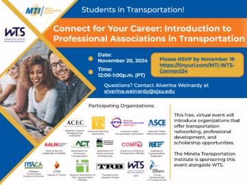 Event flyer for Connect for Your Career: Introduction to Professional Associations in Transportation. Event is November 20th from 12 to 1pm and pre-registration is needed. Flyer has logo of all the organizations taking part in the event. 