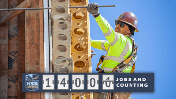 A construction worker climbing a metal structure and working on an iron bar. Overlaid on the image is a graphic with the BuildHSR logo and a ticker count that says: 14,000 jobs and counting.