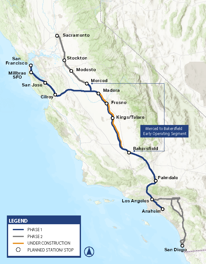 Map of the California High-Speed RAil alignment, showing connections from San Francisco to Los Angeles/Anaheim in blue, representing the first phase of the project. Between Madera and Bakersfield, the line is blue and orange, representing active construction. Connections from Merced to Sacramento and from Los Angeles to San Diego are gray lines, representing the second phase of the project. There are two areas showing from Merced to Bakersfield with text that says "Merced to Bakersfield Early Operating Segment."