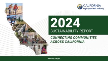 A banner with a graphic representation of California containing multiple renderings and shots of people. The banner reads “2024 Sustainability Report. Connecting Communities Across California.”