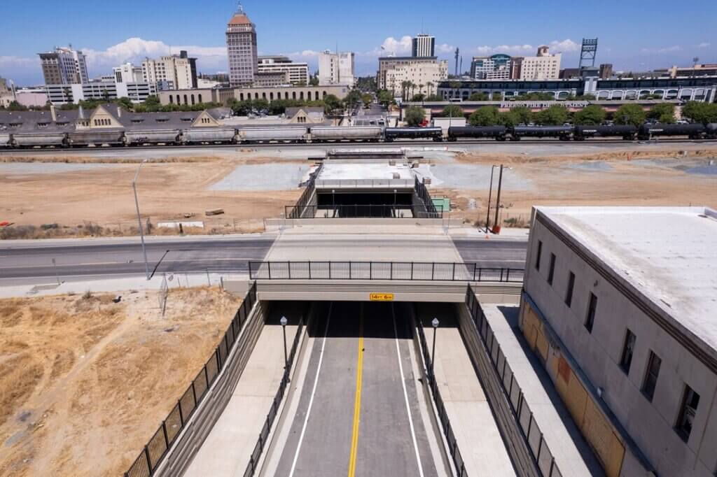 Aerial view of Tulare Street Underpass in Fresno with Downtown Fresno in the background.