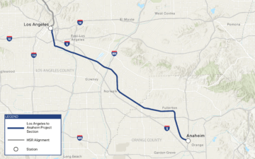 Map of Southern California highlighting the Los Angeles to Anaheim project section alignment in dark navy blue. A small segment of the high-speed rail alignment towards the north from Los Angeles appears in gray. White circles indicate station locations at Los Angeles and in Anaheim. A more detailed explanation of this project section’s route is available within the contents of the Draft EIR/EIS. To access the Draft EIR/EIS, please visit the Authority’s website: www.hsr.ca.gov.