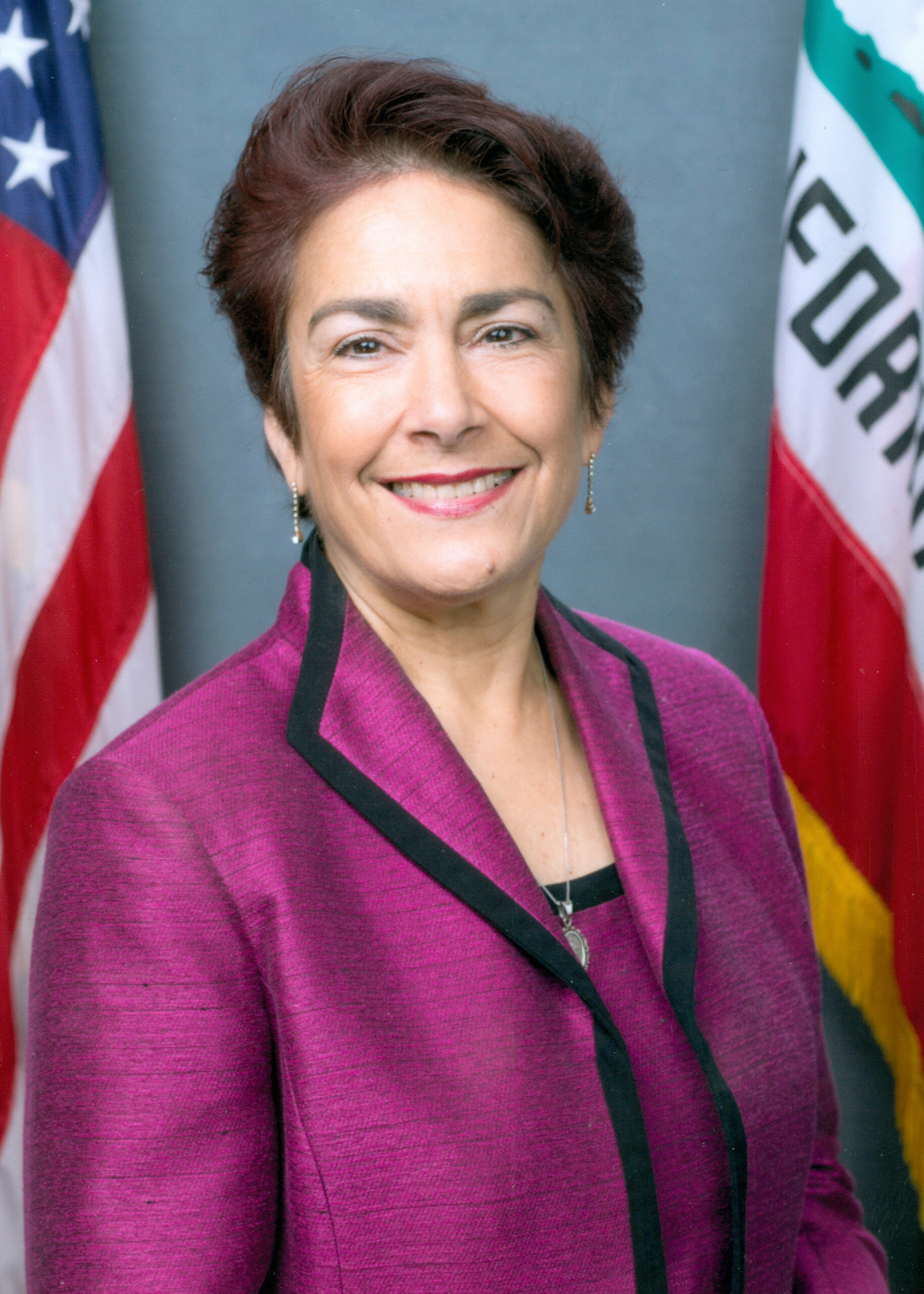 Headshot of Senator Anna Caballero. She is wearing a pink blazer and blouse and standing in front of the American and Californian flags.