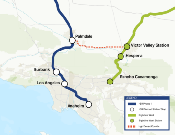 Map of the California High-Speed Rail alignment in Southern California, the Brightline West alignment in California, and the High Desert Corridor line that connects California High-Speed Rail and Brightline West. The California High-Speed Rail line has stations at Palmdale, Burbank, Los Angeles, and Anaheim. Brightline West has stations at Victor Valley, Hesperia, and Rancho Cucamonga.